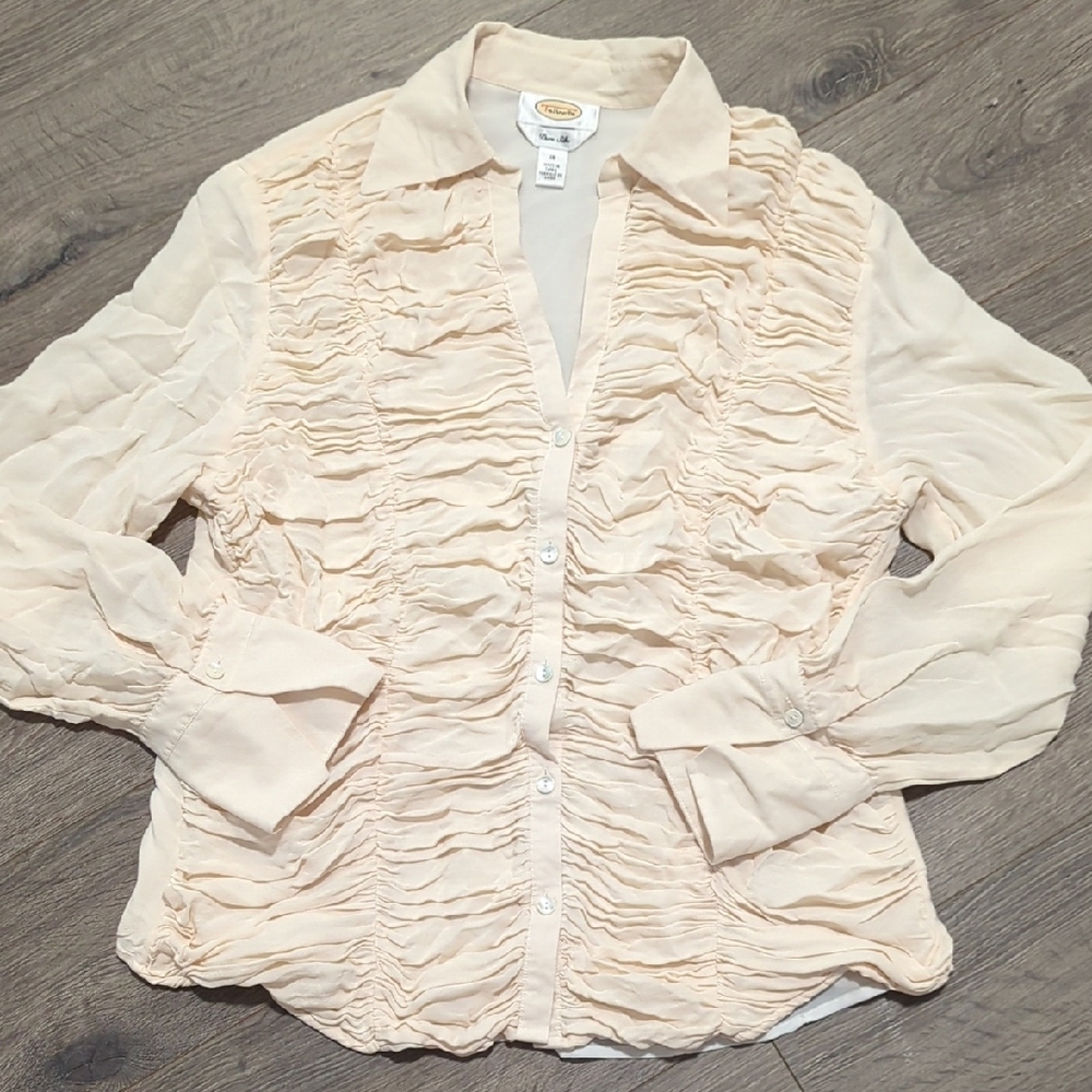 Talbots Vintage Pure Silk Ruched Button Down Blouse